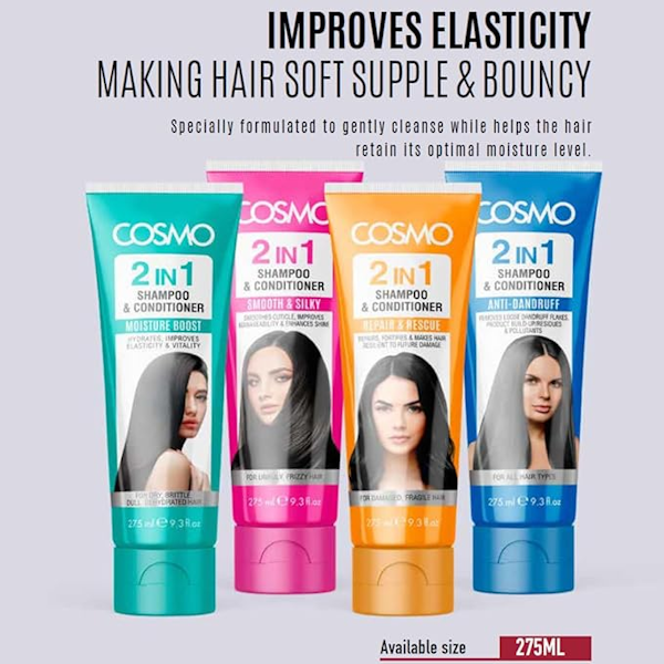 SHAMPOO &amp; ACONDICIONADOR CAPILAR COSMO MOISTURE BOOTS 2 EN 1 275ML