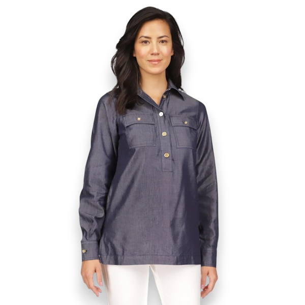 BLUSA CASUAL FEMENINO MICHAEL KORS TIPO TÚNICA BOTÓN 1/4 MANGAS LARGAS ÍNDIGO RINSE